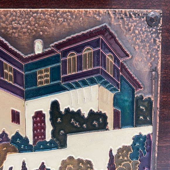 Vintage Handmade Greek Aethra Enameled Copper Wall Hanging with Wooden Frame - Picture 7 of 11